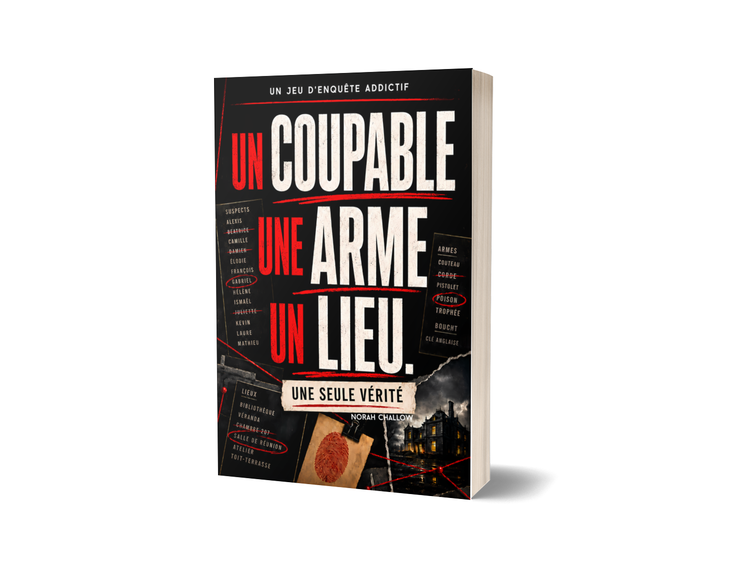 Mockup 3D du livre-jeu d'enquête Un coupable, une arme, un lieu
