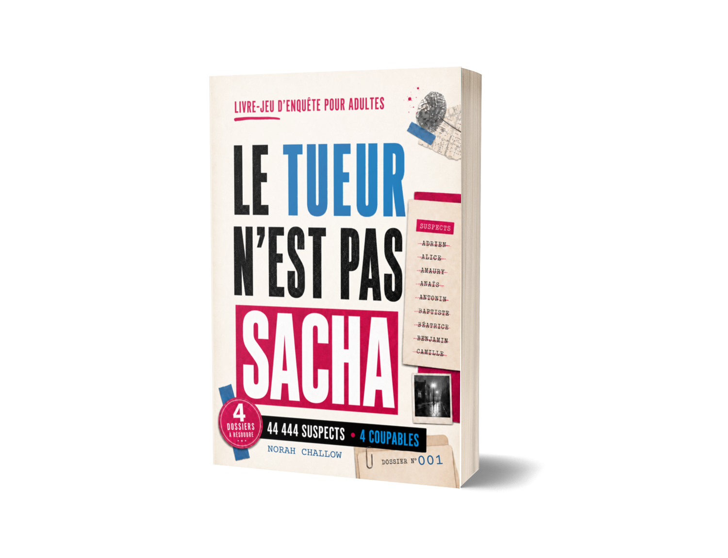 Mockup 3D du livre-jeu d'enquête Le tueur n'est pas Sacha